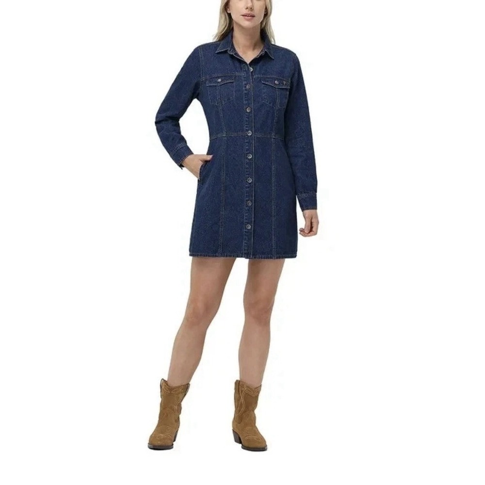 Frye Women's 100% Cotton Form Fitting Buttons Pockets Mini Denim Dress Dark Sml